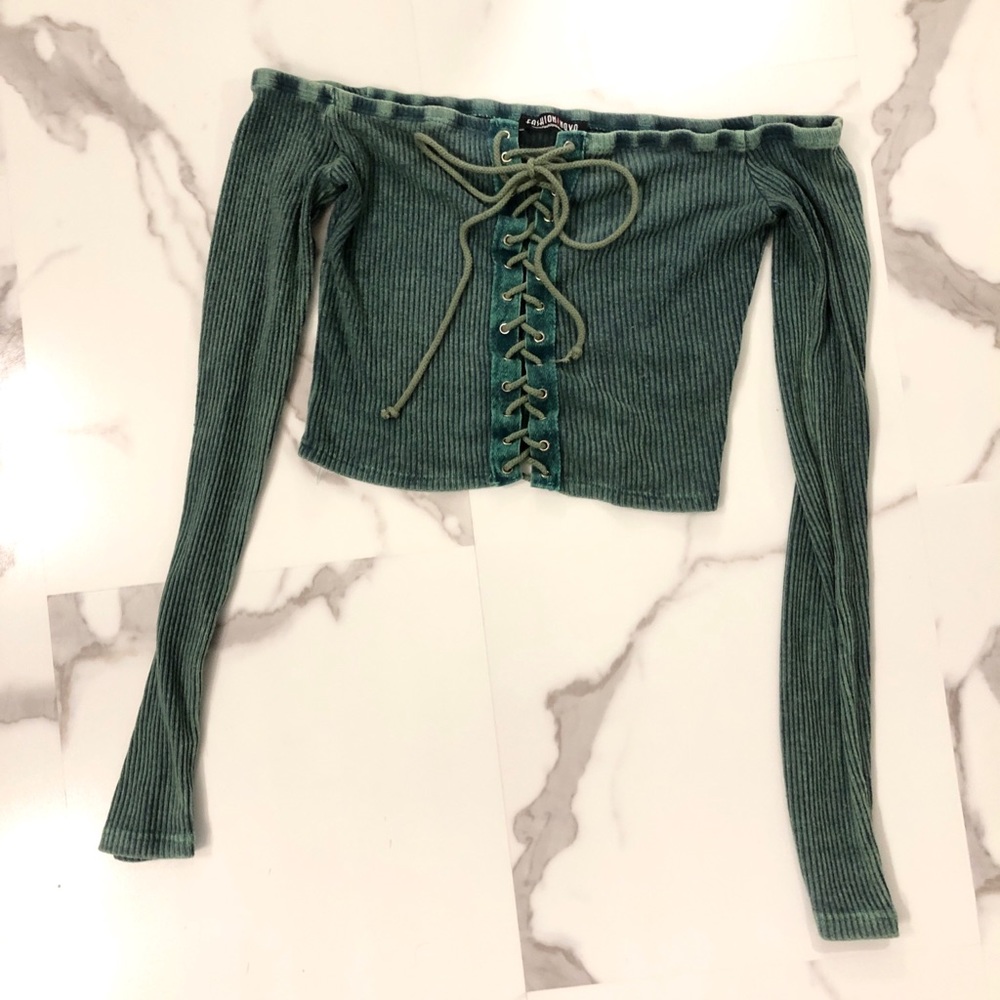 Long sleeve cropped off the shoulder lace up shirt